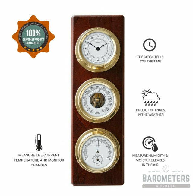 Modern Mahogany & Brass Weatherstation – 4-in-1 Hygrometer, Barometer, Thermometer & Quartz Clock
