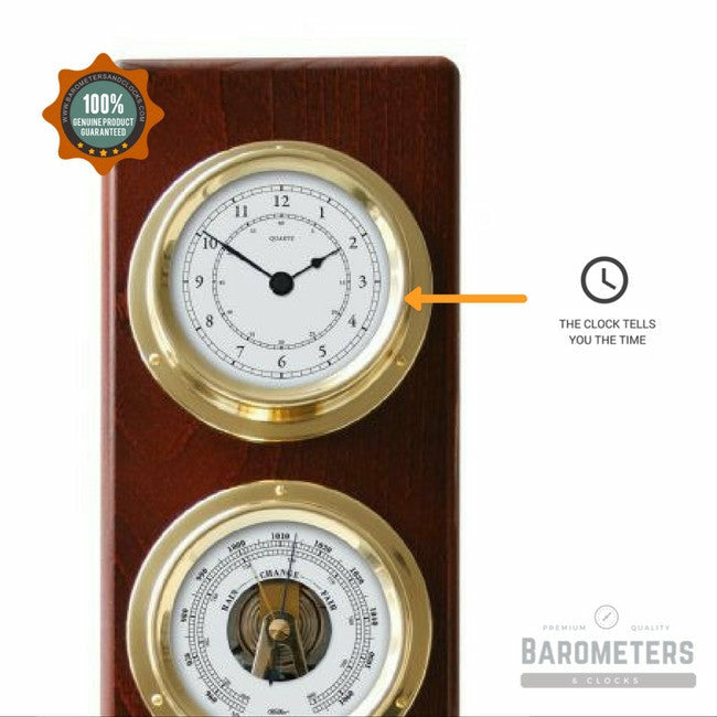 Modern Mahogany & Brass Weatherstation – 4-in-1 Hygrometer, Barometer, Thermometer & Quartz Clock