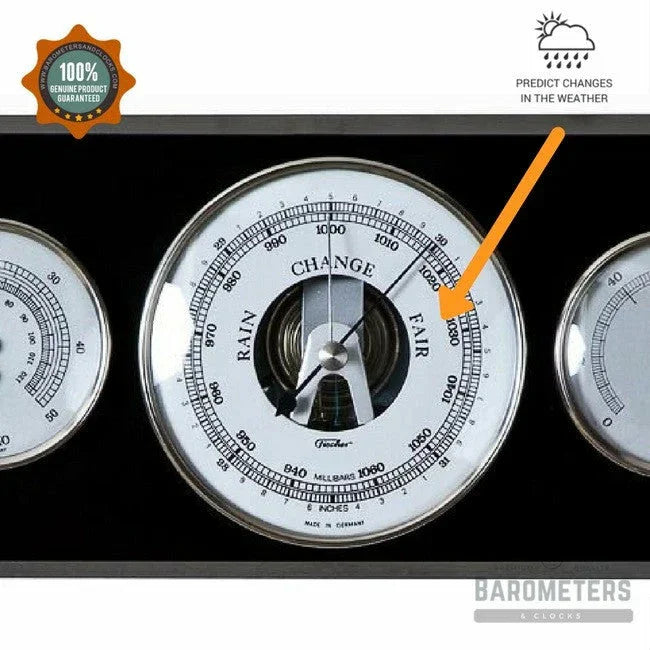 Modern black and chrome wooden weather station with barometer, thermometer, and hygrometer.