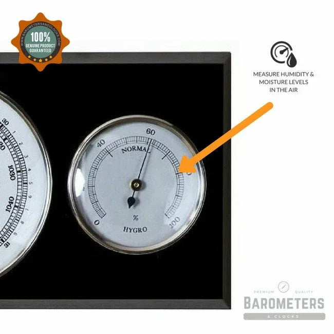Modern black and chrome weather station with hygrometer for measuring humidity levels