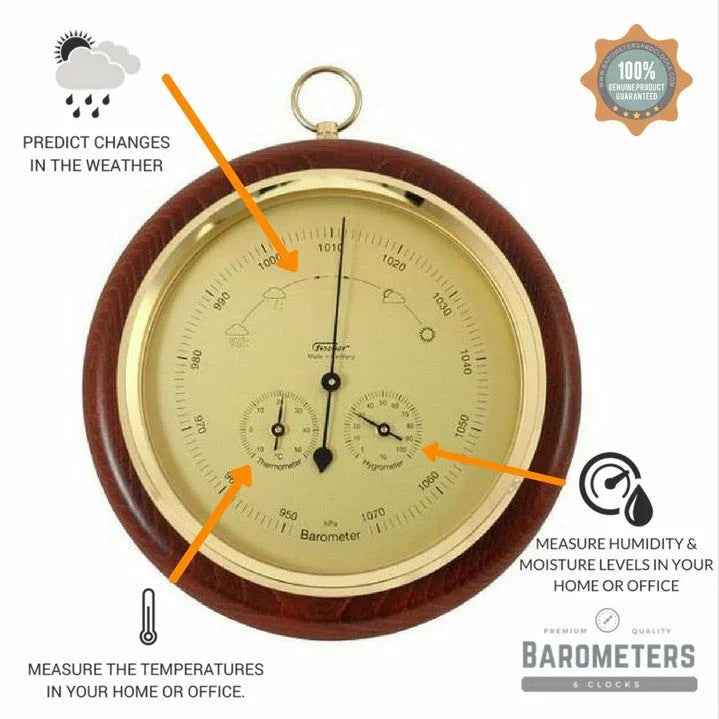 Gold and wood analog barometer with thermometer and hygrometer for weather, temperature, and humidity measurement.