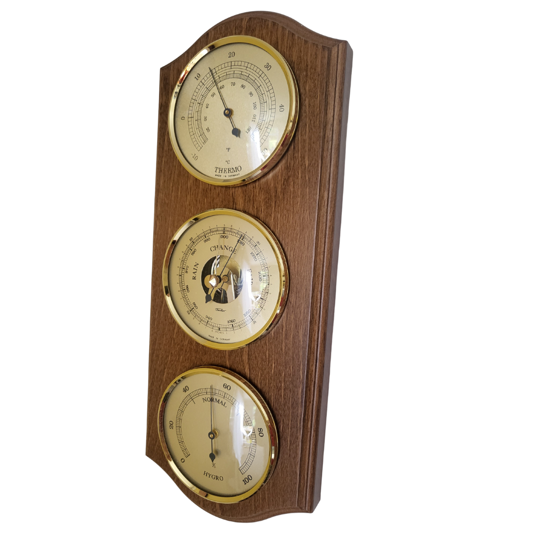 Rustic Oak &amp; Brass Weatherstation-3 in 1 - Hygrometer + Barometer + Therometer