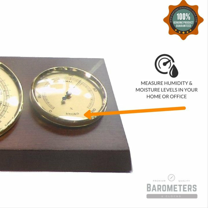 Modern Mahogany &amp; Brass Weatherstation 3 in 1 - Hygrometer + Barometer + Therometer