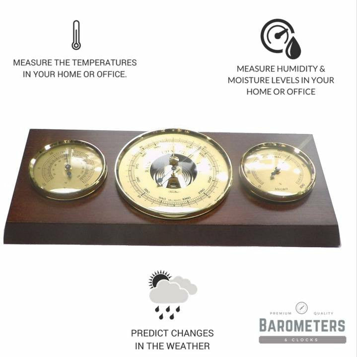 Modern Mahogany &amp; Brass Weatherstation 3 in 1 - Hygrometer + Barometer + Therometer