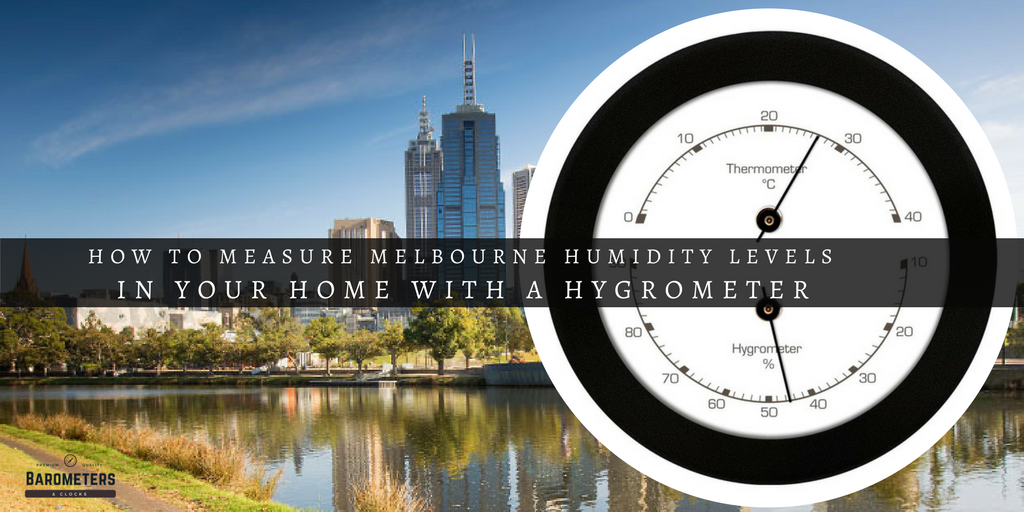 Melbourne skyline with river, overlaid thermometer and hygrometer, humidity measurement concept