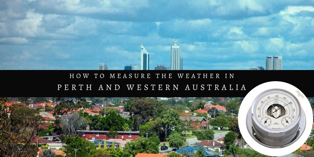 Barometer over Perth skyline under cloudy sky, measuring weather in Western Australia.