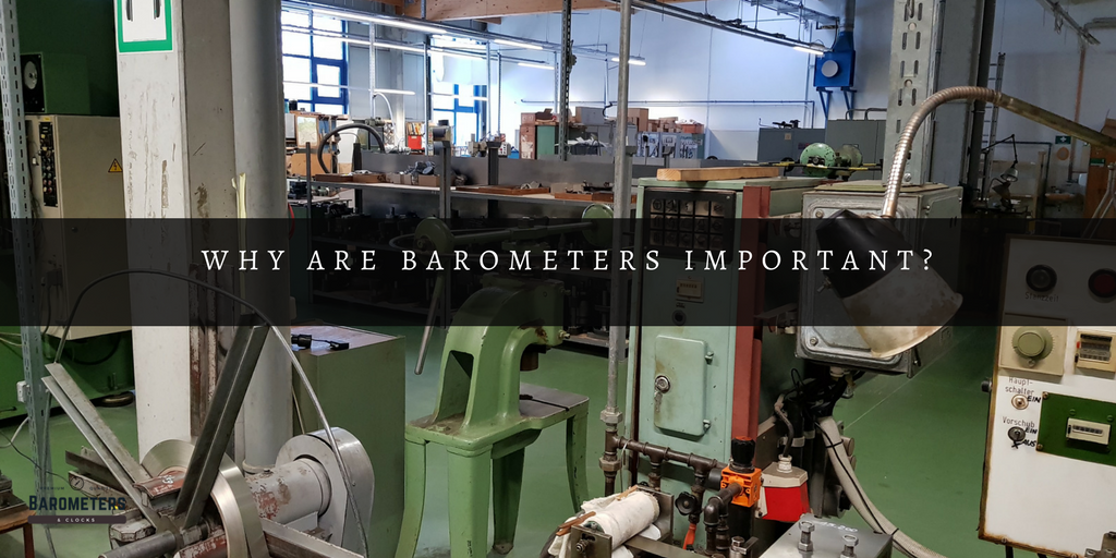 Industrial workshop with machinery and text overlay, focusing on the importance of barometers.
