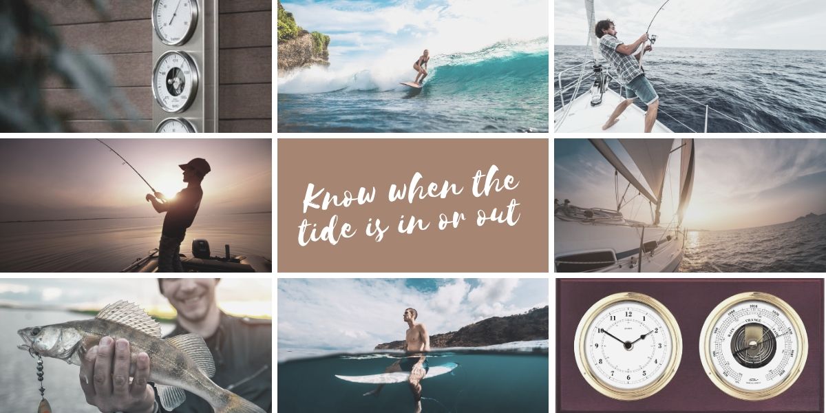Collage of tide clocks, barometers, fishing, surfing, and sailing for tide awareness