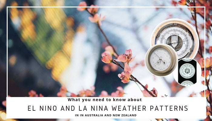 Weather barometers and clocks on floral background, El Nino La Nina weather patterns info