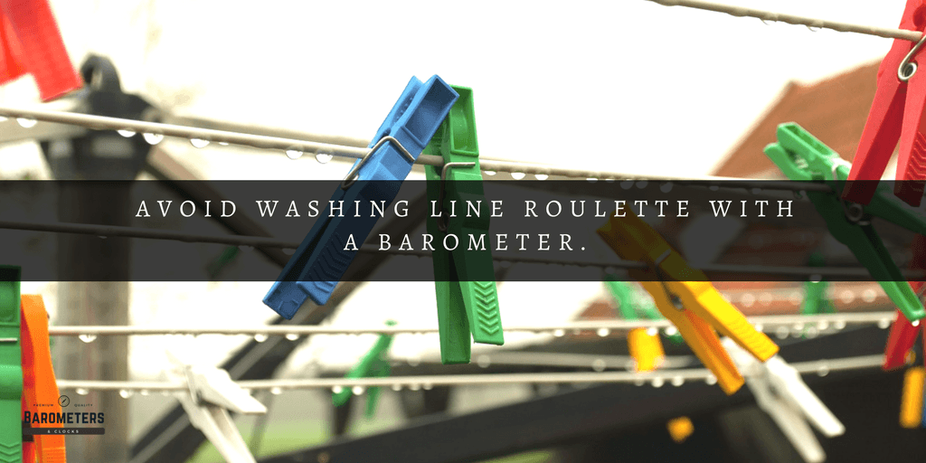 Washing line with colorful pegs and raindrops, featuring text promoting barometers for weather.