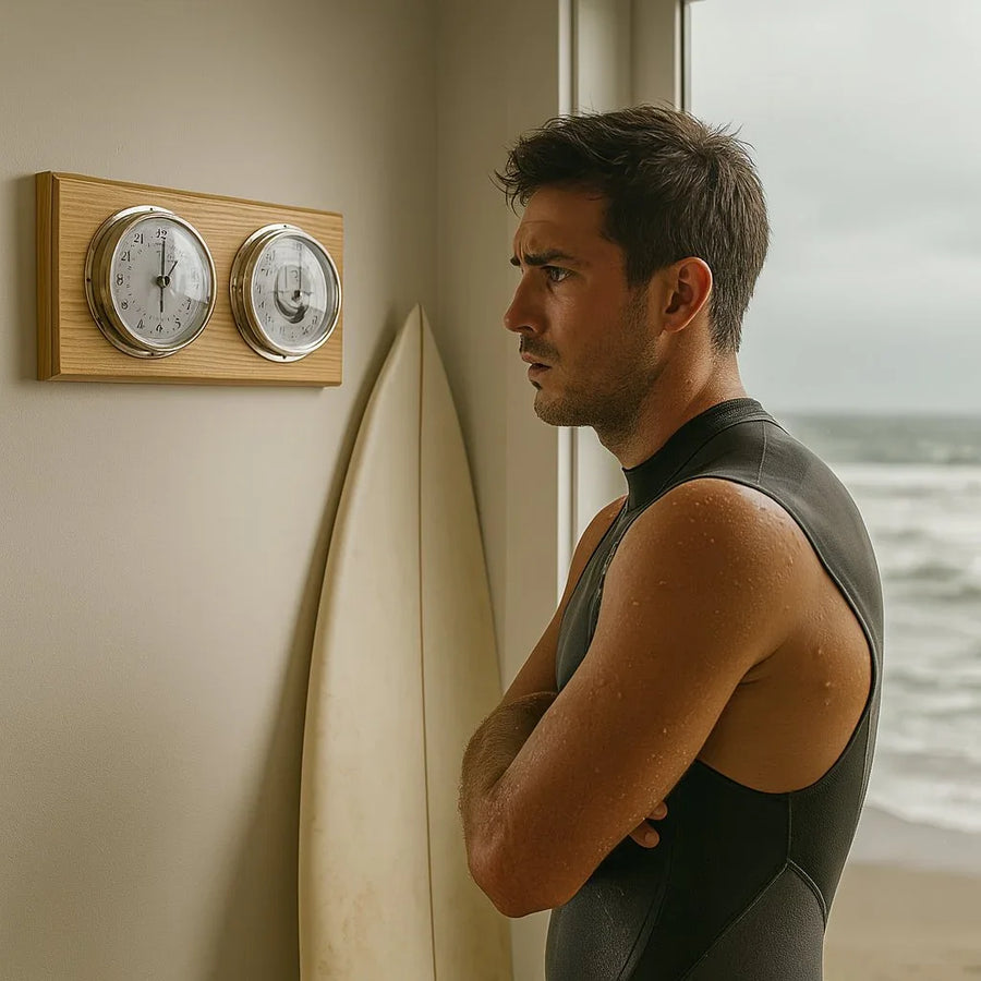 Man in a wetsuit looking at a wall-mounted barometer and tide clock by the beach