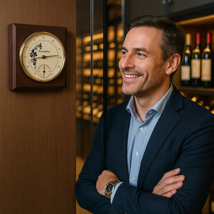 Man standing by a wall-mounted wine cellar hygrometer and thermometer with mahogany finish