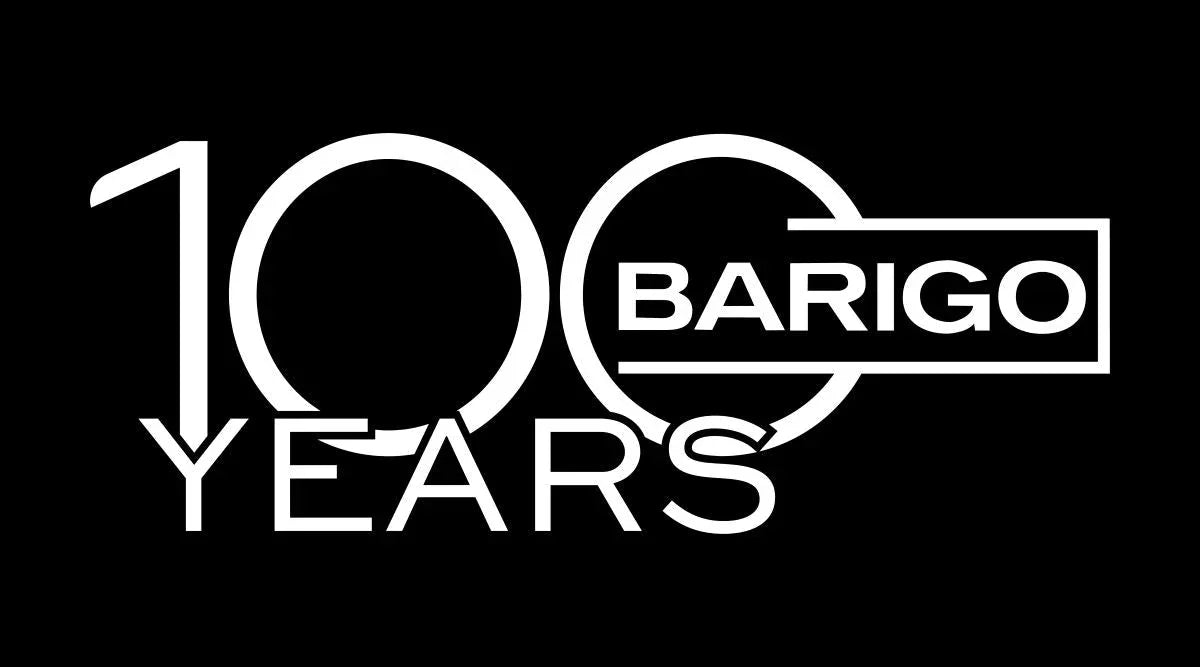 100 years anniversary logo with BARIGO text in modern white font on black background