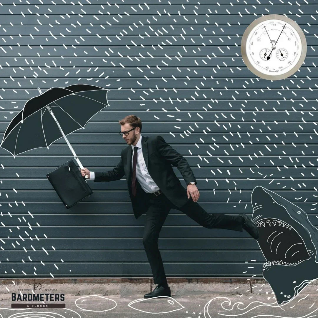 Man in suit holding umbrella and briefcase, with barometer graphic and rain, escaping illustrated shark