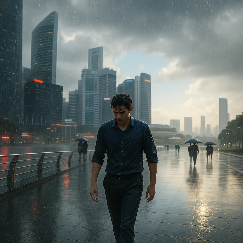 Man walking in the rain on city sidewalk, modern skyscrapers in background, stormy weather