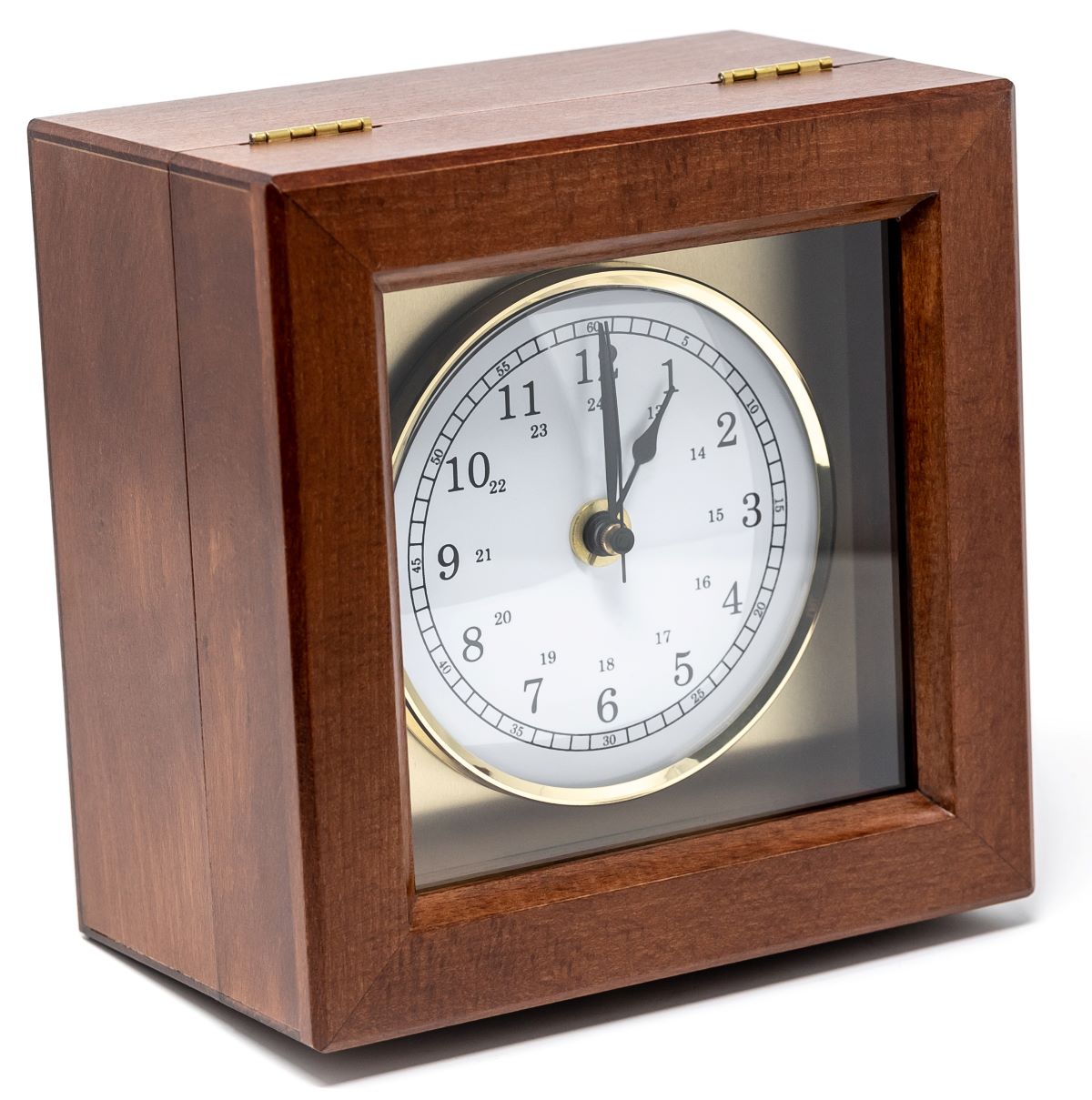 Analog clock with white dial in a wooden case, classic nautical style
