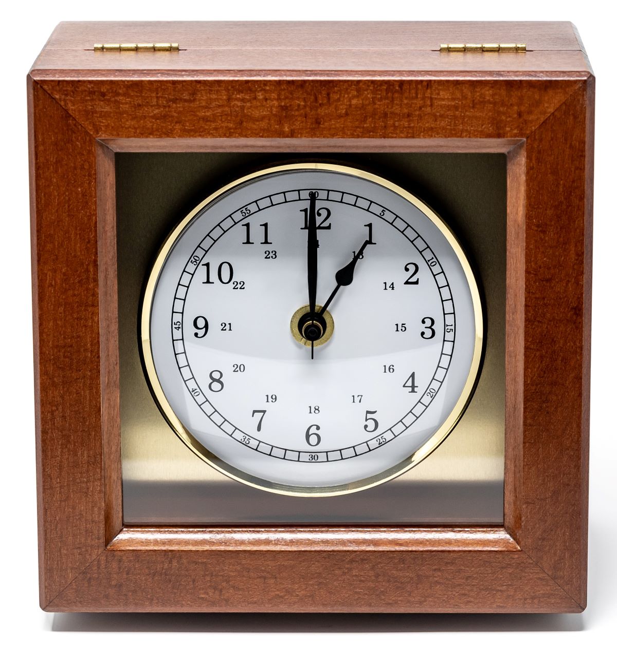 Analog clock with white dial in a wooden case, classic nautical style