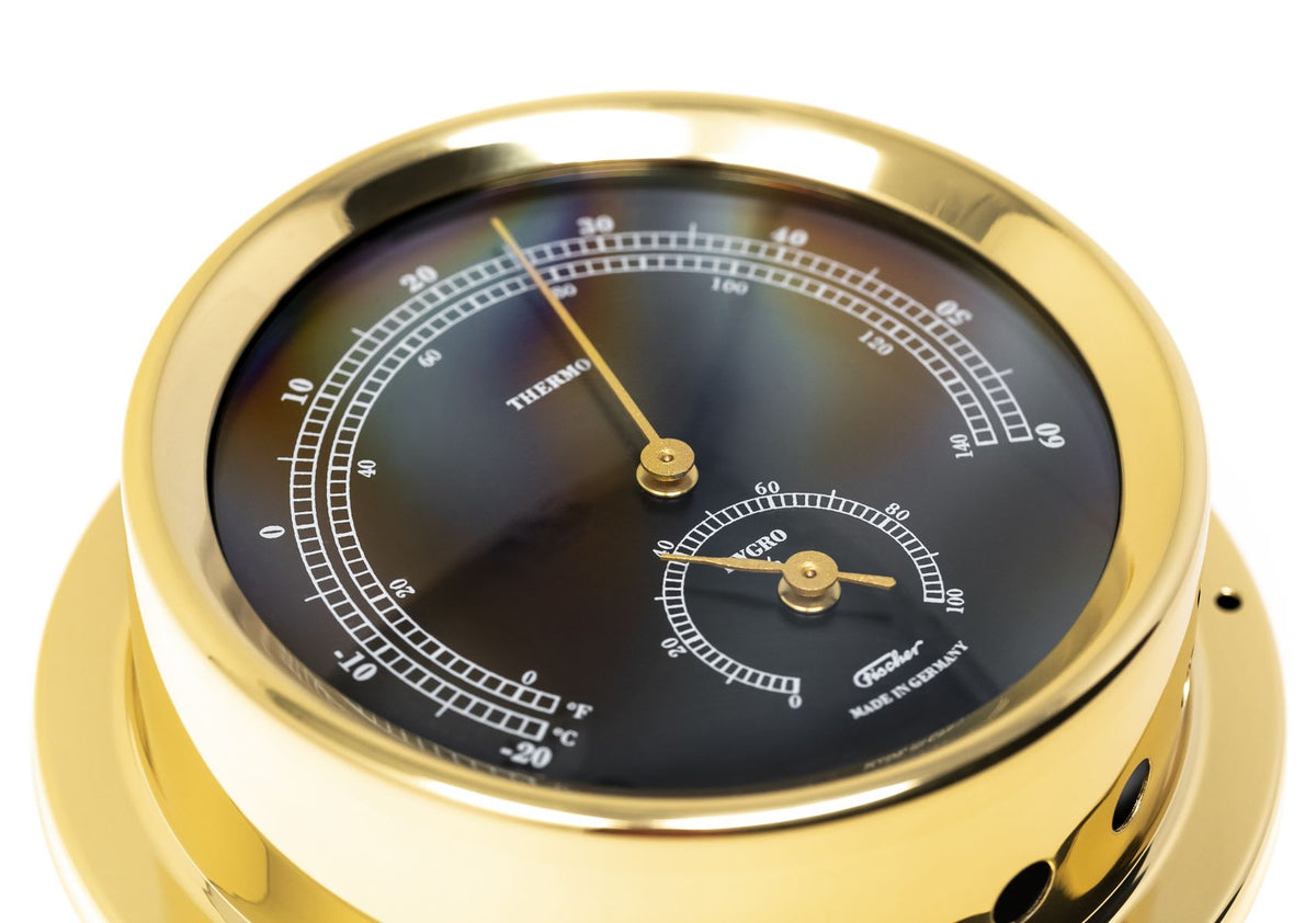 Polished Brass &amp; Black Dial 125mm Thermometer &amp; Hygro Instrument