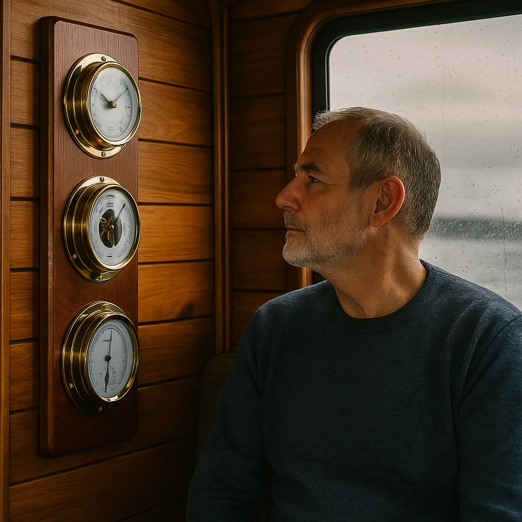 Man sitting beside wooden wall with mounted brass barometer, hygrometer, and clock, nautical decor