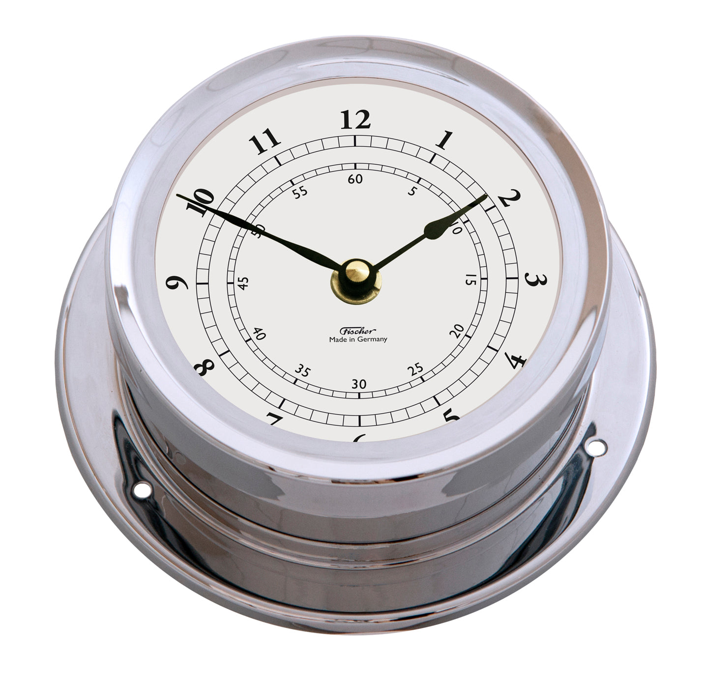 Nautical-style chrome wall clock with white dial and bold black numbers