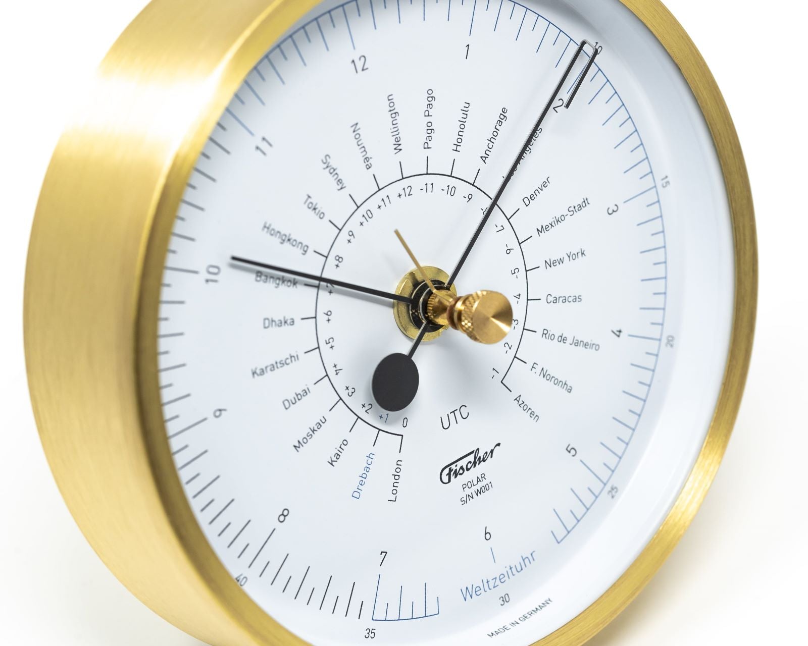 Multi Clock Barometer Temperature World Time Clock Brushed Brass - Barometers&Clocks