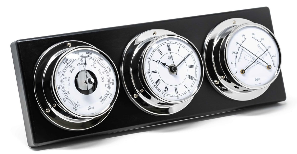 Barigo Tempo Weather Station 386RFPO – Polished Stainless Steel Instruments on Black Lacquered Wood