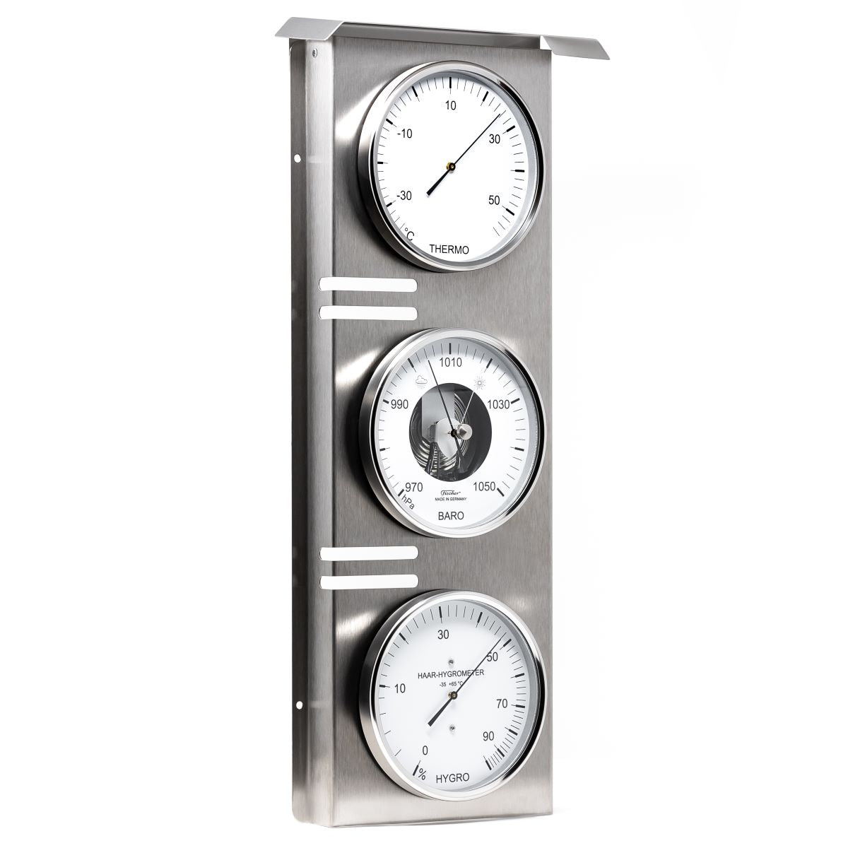 Stainless steel weather station with barometer, hygrometer, and thermometer dials.
