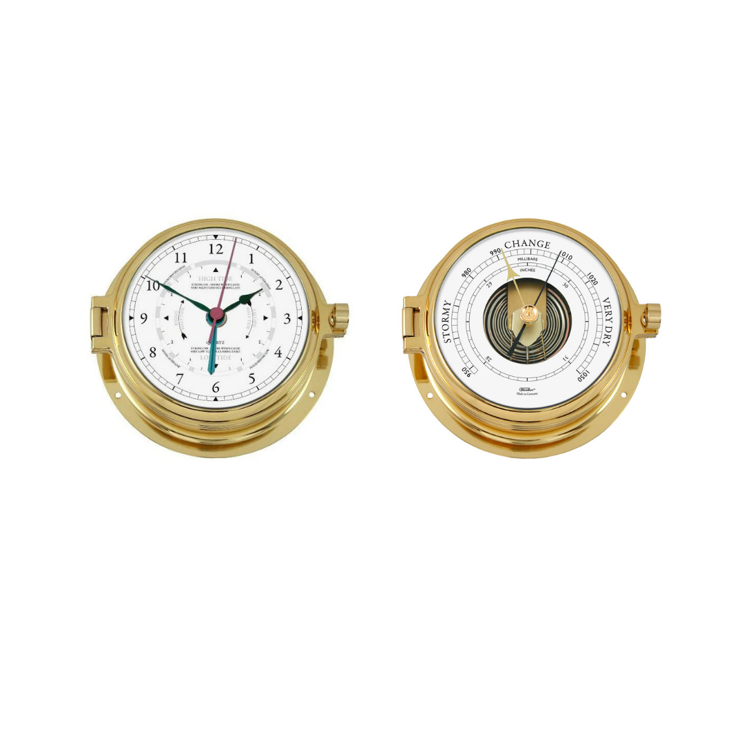 Two gold-framed clocks with white faces on a white background