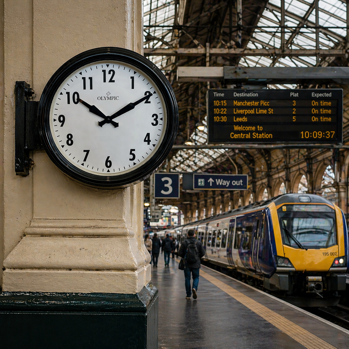 Large wall clock at a train station platform with timetable and train in background