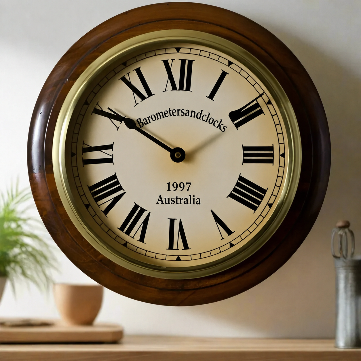 Vintage wall clock with Roman numerals and wooden frame, labeled 'Post Office Christchurch'