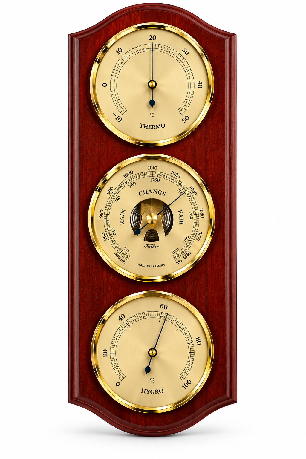 Weatherstation-3 in 1 - Hygrometer + Barometer + Thermometer | Mahogany & Brass |  330mm by 130mm | 9176-22