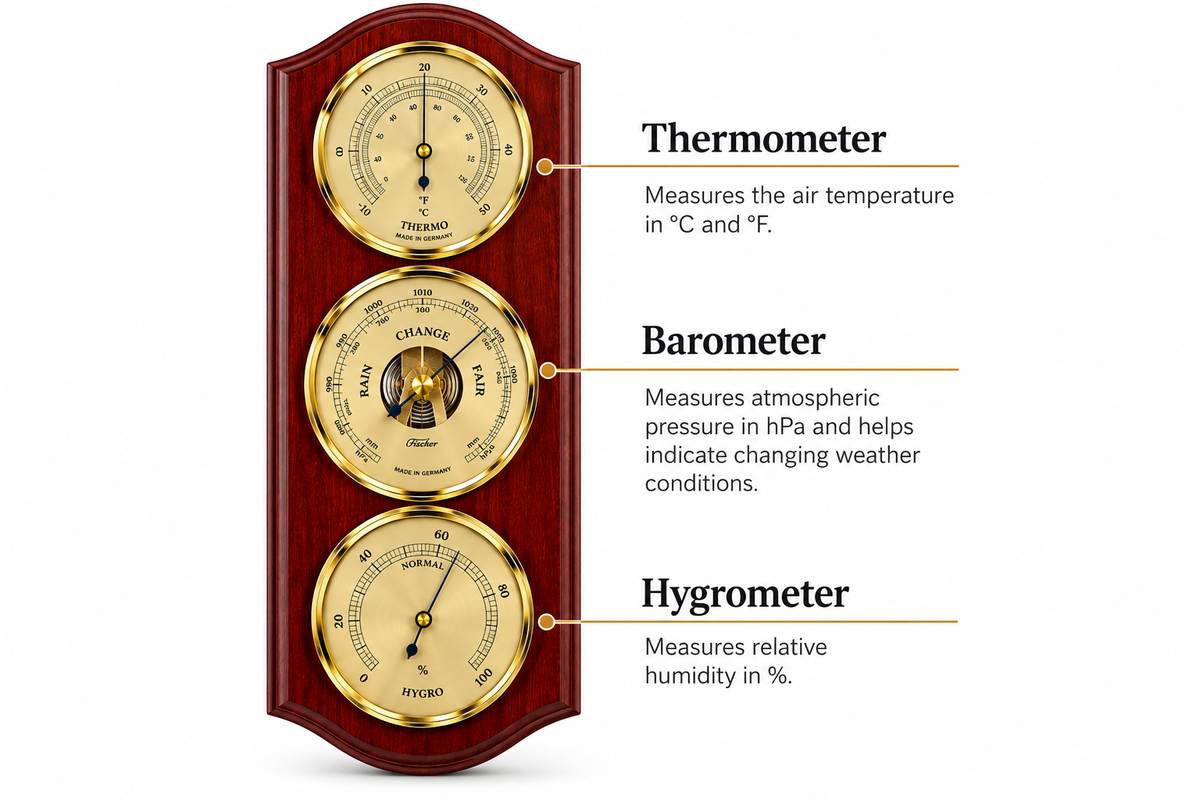 Weatherstation-3 in 1 - Hygrometer + Barometer + Thermometer | Mahogany & Brass |  330mm by 130mm | 9176-22