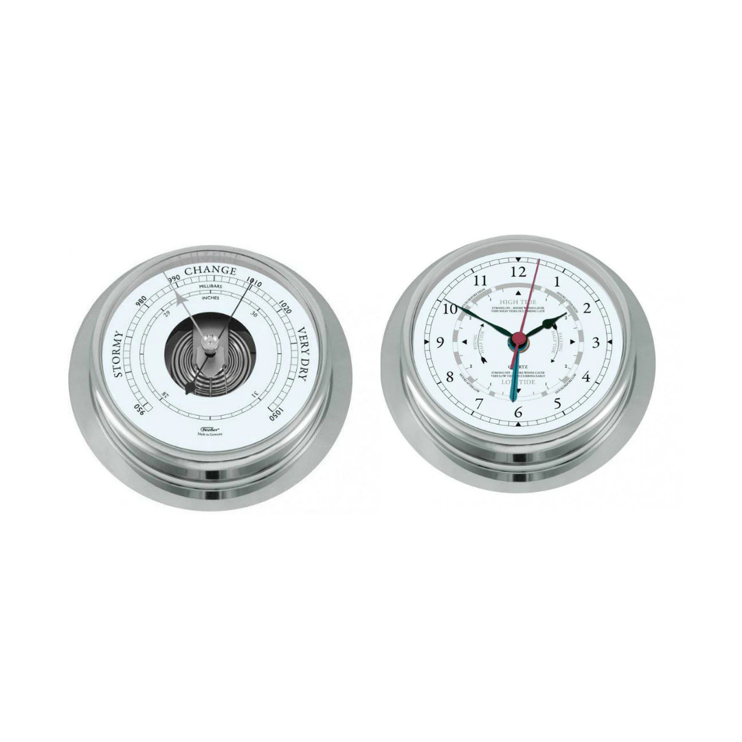 Two chrome-encased analog clocks with a barometer on a white background