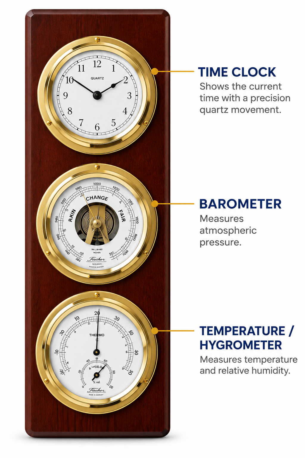 Modern Mahogany & Brass Weatherstation – 4-in-1 Hygrometer, Barometer, Thermometer & Quartz Clock