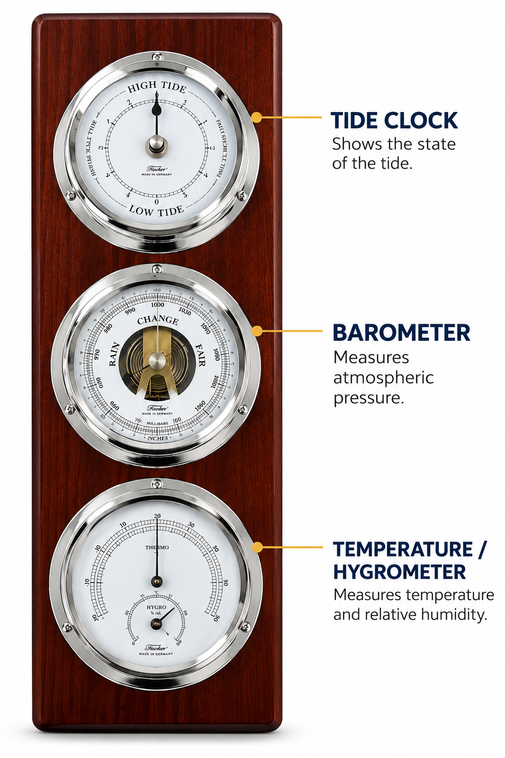 Modern Mahoany & Chrome Weatherstation – 4-in-1 Barometer, Hygrometer, Thermometer & Tide Clock 1538TDS-47
