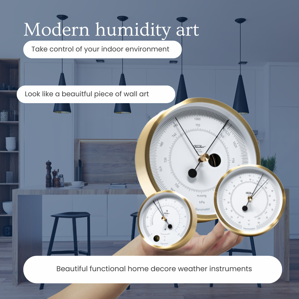 Brass Fischer hygrometer, barometer and thermometer in a modern kitchen