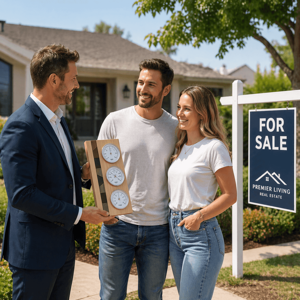 Real estate agent handing a weather station to a smiling couple outside their new home