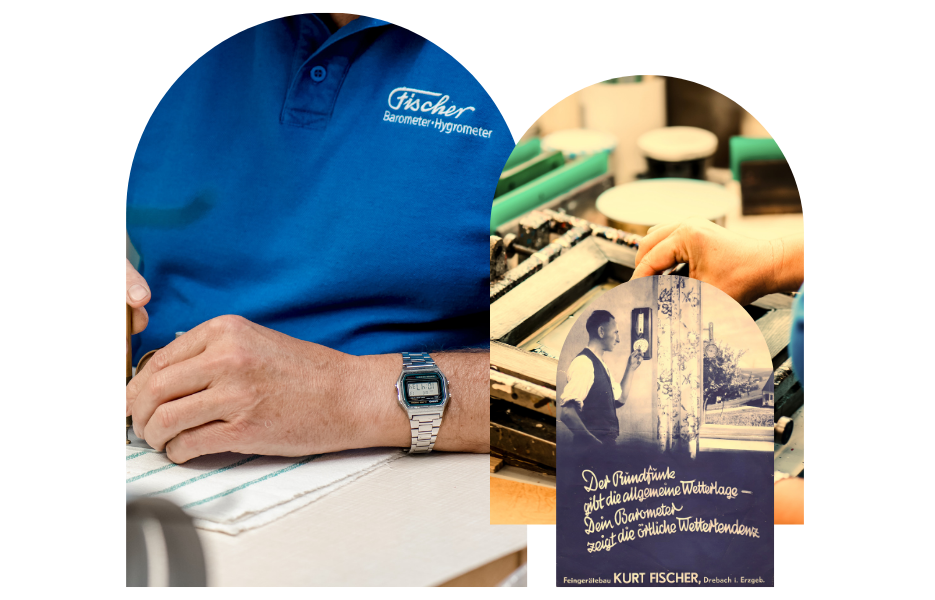 Fischer instrument maker at work beside a vintage Kurt Fischer advertisement