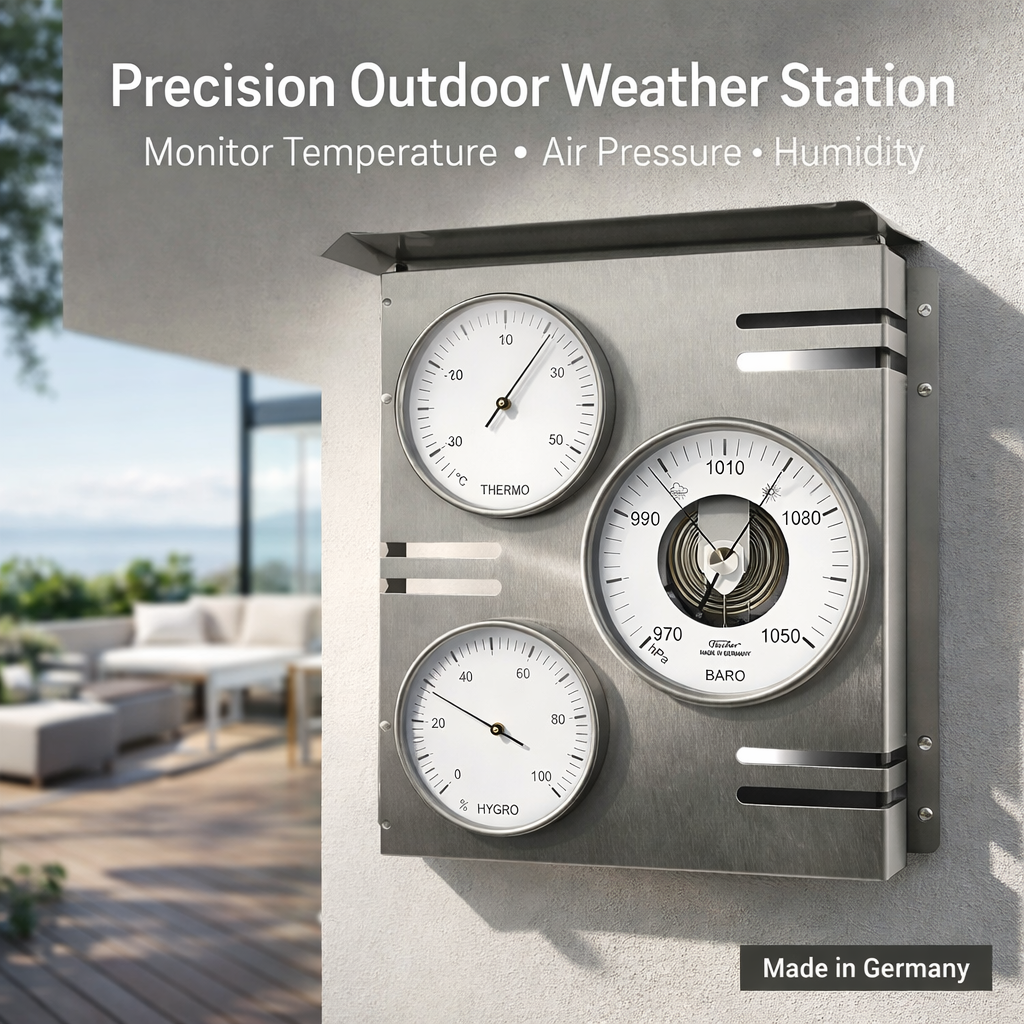 Precision outdoor weather station with temperature, air pressure, and humidity readings on a wall.
