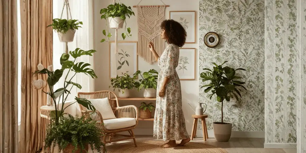 Woman in a boho room with plants and wall art, with a barometer on the wall, looking out the window at the weather