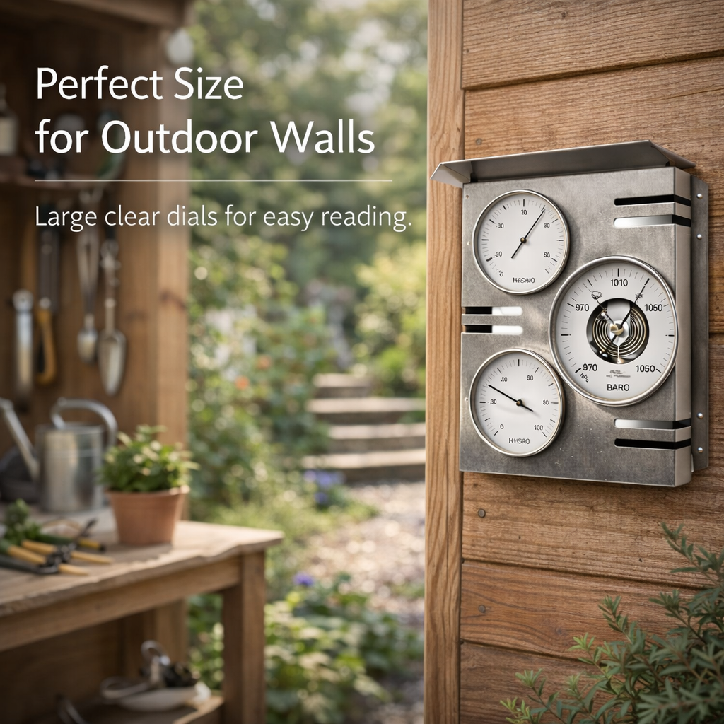 Outdoor wall-mounted weather station with large clear dials on a wooden shed background.
