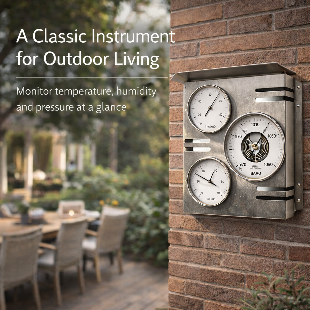 Outdoor living scene with a weather station on a brick wall