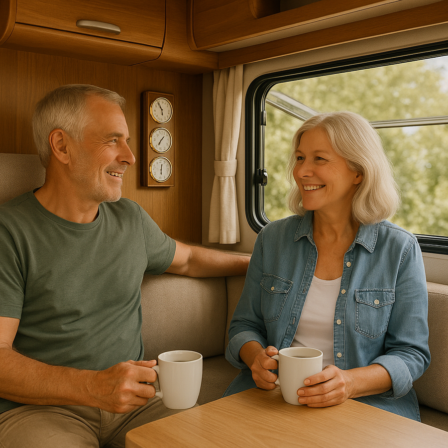 Motorhome interior with a Fischer weather station on the wall