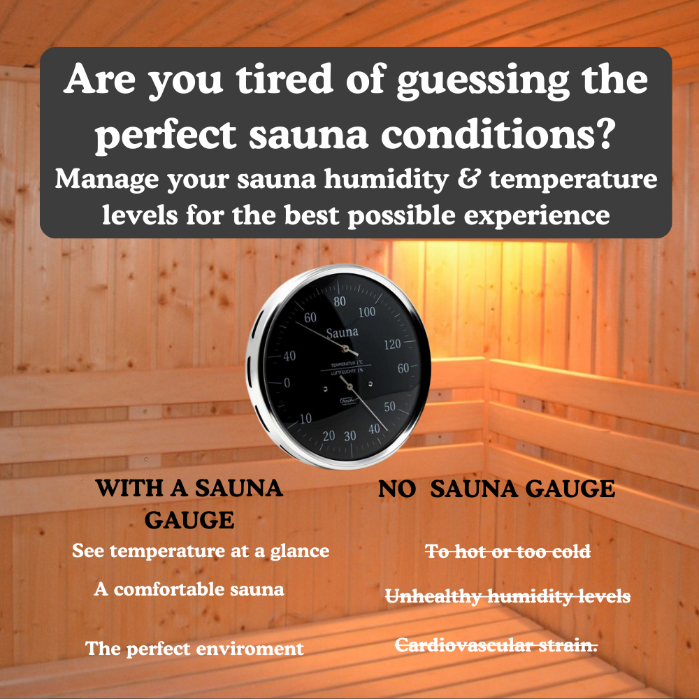 Fischer sauna thermometer and hygrometer mounted on a timber sauna wall