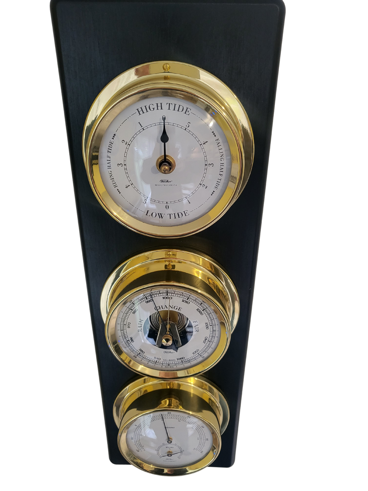 Modern Ebony &amp; Brass Weatherstation – 4-in-1 Hygrometer, Barometer, Thermometer &amp; Tide Clock