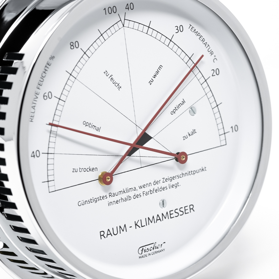 German indoor climate meter with chrome frame, temperature and humidity gauges