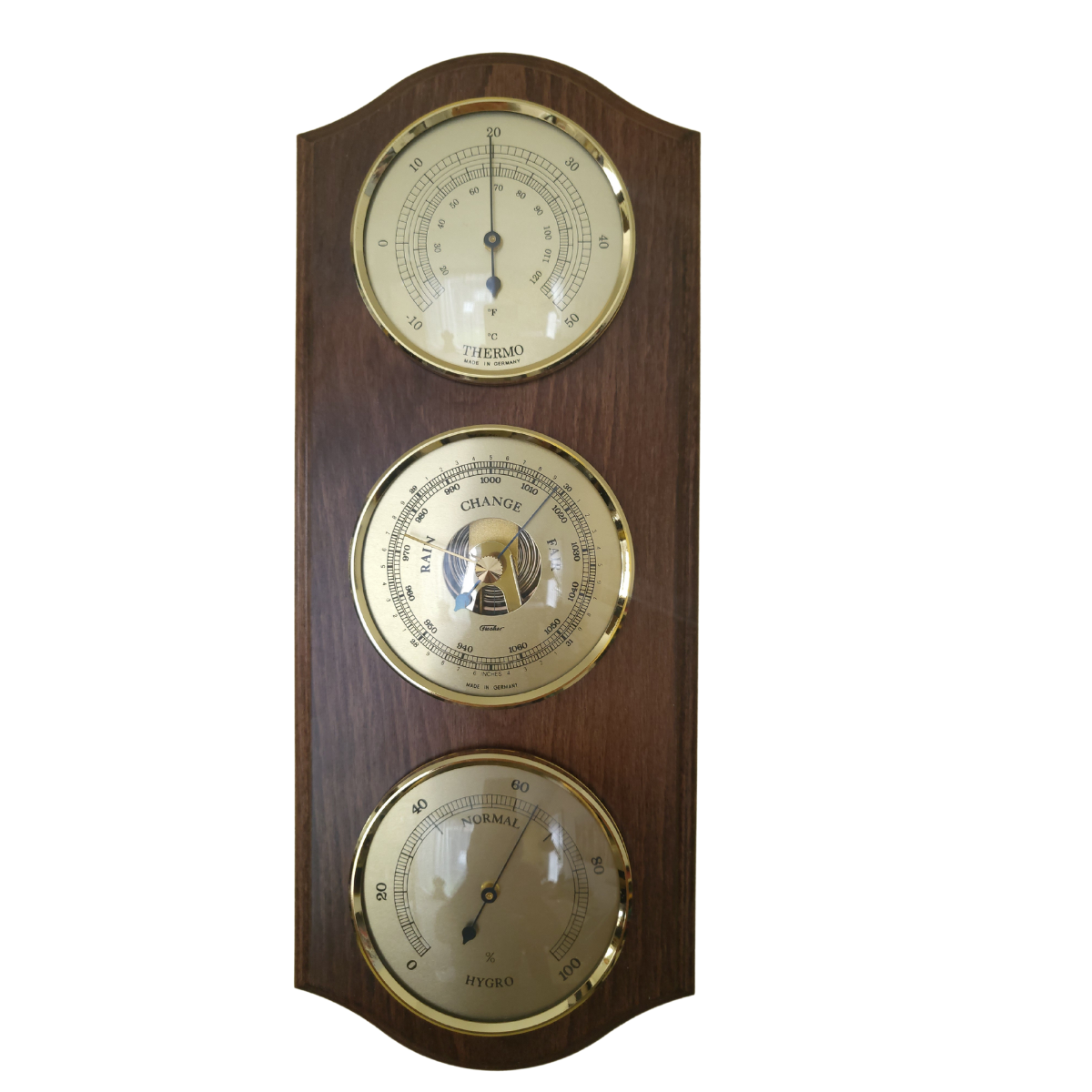 Walnut &amp; Brass Weatherstation-3 in 1 - Hygrometer + Barometer + Therometer