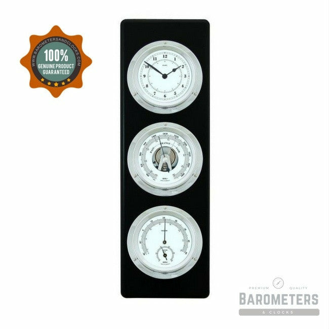 Modern Ebony &amp; Chrome Weatherstation – 4-in-1 Hygrometer, Barometer, Thermometer &amp; Quartz Clock