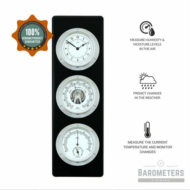 Modern Ebony &amp; Chrome Weatherstation – 4-in-1 Hygrometer, Barometer, Thermometer &amp; Quartz Clock