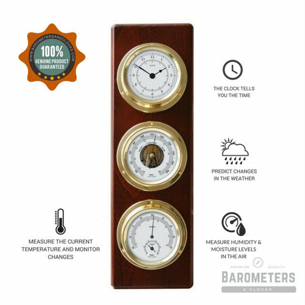Modern Mahogany & Brass Weatherstation – 4-in-1 Hygrometer, Barometer ...